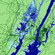 Seawater inundation projected for New York City by 2033 and its effect on internet infrastructure. Fiber cables cables are shown in green lines. Blue shaded areas is estimated to be underwater in 15 years due to climate change.